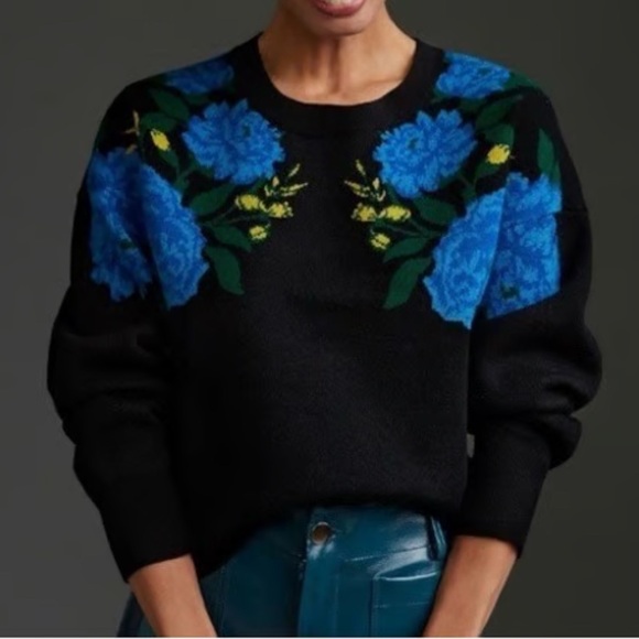 Maeve Sweaters - Maeve by Anthropologie Camryn Cropped Sweater Black w/ Blue & Yellow Floral